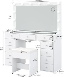 Vanity Desk & Power Outl, Makeup Vanity with Mirror and 12 LED Lights, Makeup Table with 11 Drawers