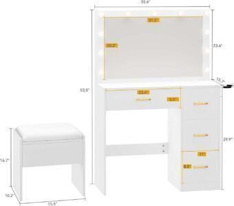 Makeup Vanity with Lighted Mirror, Vanity Desk with Power Strip, Adjustable Lighting, 4 Drawers