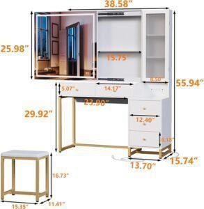 Makeup Vanity Table with Sliding Lighted Mirror, Makeup Dressing Table with 5 Drawers