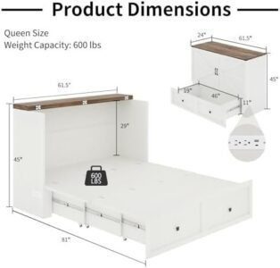 LUXOAK Murphy Bed with Charging Station, Queen Size Cabinet Bed with Large Storage Drawer for Home Office or Small Room