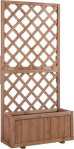 Outsunny 72.5 x 31.5 x 149.5 cm 45L Garden Wooden Pine Trough Planter with Topped Trellis Climbing Plants Flower Raised Bed,Carbonised Finish