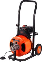 Drain Cleaner Machine 100FT x 1/2Inch,Auto Feed Sewer Snake Auger with 4 Cutter & Air-activated Foot Switch for 1" to 4" Pipes,Orange,Black