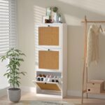 Anmytek Rattan Shoe Cabinet,Entryway Cabinet Wooden Shoe Rack with 3 Flip Drawers