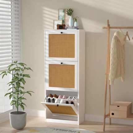 Anmytek Rattan Shoe Cabinet,Entryway Cabinet Wooden Shoe Rack with 3 Flip Drawers