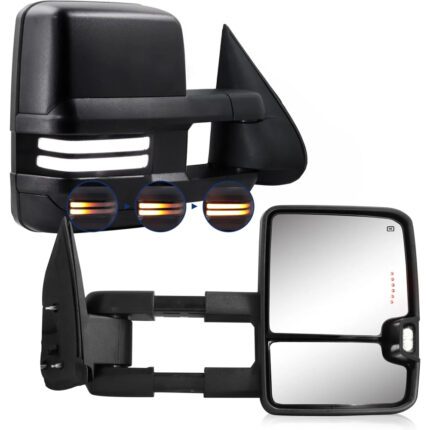 Sanooer Tow Mirrors with Power Adjusted Heated Glass Running Light&Turn Signal Light Backup Lamp Black