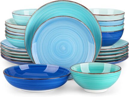 vancasso Bonita Multicolour Dinner Set,24-Piece Dinner Sets for 6 People,Handpainted Swirls Plates and Bowls Set in Vibrant Look,Include Dinner Plates,Dessert Plates,Pasta Bowls and Cereal Bowl