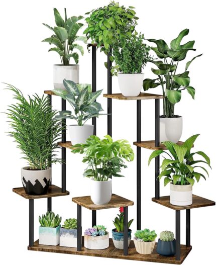 YOCOMEY 9 Tier Wood Tall Plant Stand Metal Rack Indoor,Multiple Flower Pot Holder Shelves Corner Rack,Planter Shelf Display Rack Storage Organizer for Patio Living Room Balcony Garden(Black)