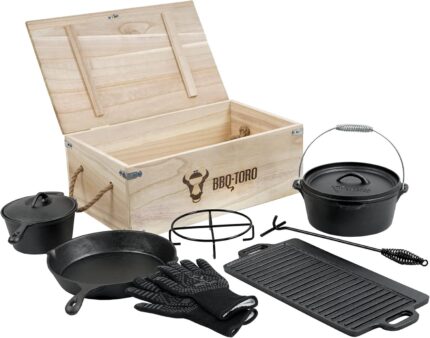 BBQ-Toro Dutch oven set in wooden box with Dutch oven and more | Cast iron - pre-seasoned (8 pieces)