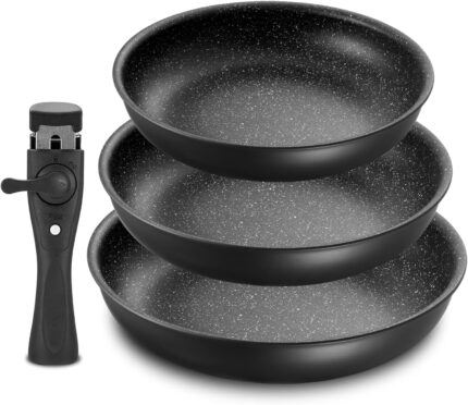 Fadware 4-Piece Frying Pan Set 20 + 24 + 28 cm Frying Pan Set with Removable Handle for All Hobs Including Induction Non-Stick Coating Oven Safe Easy Cleaning Black