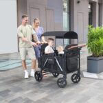 Elite Pro All-Terrain 4 Seater Wagon Stroller for Kids - Heavy-Duty 300lb Capacity,One-Hand Fold Design,High Seats with 5-Point Harness,Adjustable Canopy and Handlebars,Light Grey