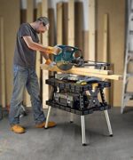 Keter &ndash; 197283 Folding Table Work Bench for Miter Saw Stand, Woodworking Tools and Accessories with Included 12 Inch Wood Clamps &ndash; Easy Garage Storage Black/Yellow
