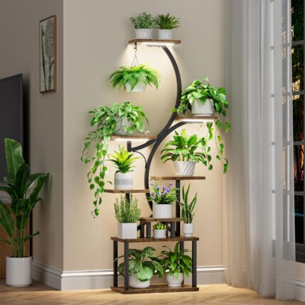 BACEKOLL Plant Stand Indoor with Grow Lights,8 Tiered Indoor Plant Shelf,157CM Tall Plant Stand for Plants Multiple,Metal Plant Flower Holder Stand,S-Shaped Plant Rack for Home,Patio,Corner