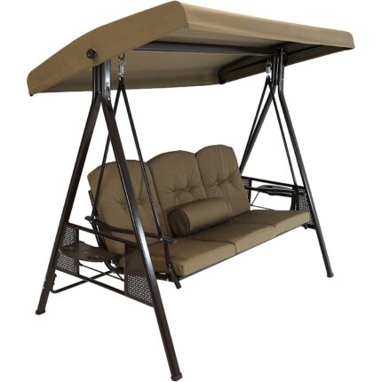 Sunnydaze 3Person Outdoor Patio Swing Bench with Adjustable Tilt Canopy Durable Steel Metal Frame Cushions and Pillow Included Beige