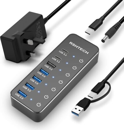 RSHTECH Powered USB-C Hub 3.2,10-Port USBC Hub with 3x 10Gbps USB 3.2 Data Ports (2C+1A),7x USB-A 3.0 5Gbps Splitter and 12V/5A (60W) Power Adapter,RSH-ST10C