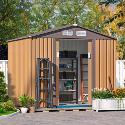 JAXPETY Sheds & Outdoor Storage 6x8 FT Garden Shed Tool Metal Outdoor Storage Shed with Sliding Doors for Backyard,Patio Coffee