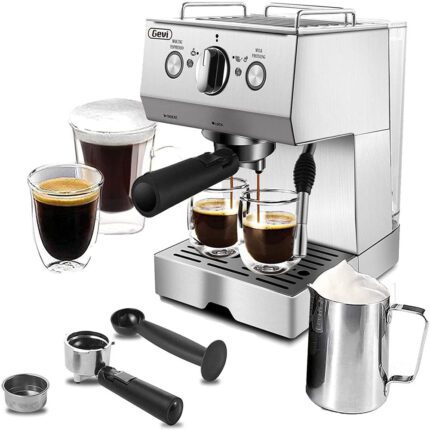 GEVI Silver Stainless Steel 15 Bar Espresso Machine 2 Shot Pump Cappuccino Maker