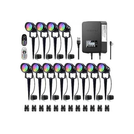 SUNVIE 12 Pack Color Changing Landscape Lights with 300W Low Voltage Landscape Transformer