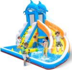 Water Slide,5 in 1 Dolphin Inflatable Bounce House for Kids- Climbing Wall Splash Pool Water Cannon Basketball Rim - 480W Blower - for Indoor Outdoor Backyard Birthday Party