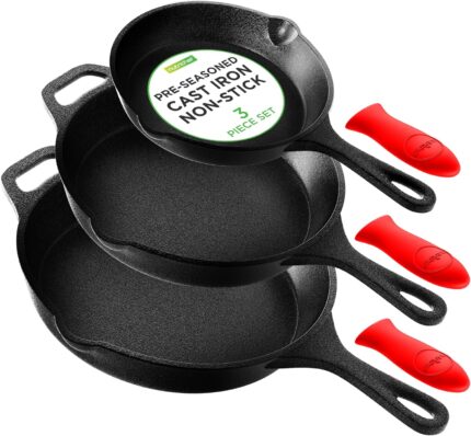 NutriChef 3pc Pre Seasoned Cast Iron Skillet Pan,Cast Iron Frying Pans Nonstick,Oven Safe Cookware Set w/Silicone Handle,Drip Spout,Indoor/Outdoor Use,for Induction & All Cooktops