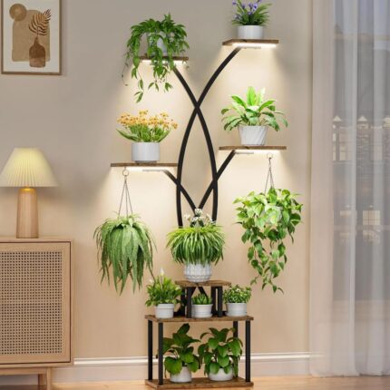 LATIBELL Tall Plant Stand Indoor with Grow Light - 7 Tiered Metal Plant Shelf Indoor