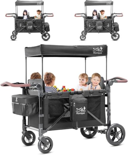 4 Seater Wagon Stroller,Foldable All-Terrain Quad Wagon Stroller with Canopy,Detachable Tray,Adjustable Handle,High Seat & Large Storage,Black