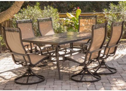 Monaca 7Piece Cast Aluminum Outdoor Patio Dining Set,6 Sling Swivel Rocker Chairs and 40x68 Tile Top Rectangle Table,Brushed Bronze Finish with Tan Sling,RustResistant,MONDN7PCSW6
