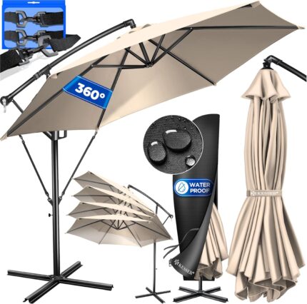 KESSER? Aluminium Cantilever Parasol + Cover Diameter 350 cm and Crank Device Crank Umbrella with Stand UV Protection Aluminium Water-Repellent Canopy 360?? Function Garden Umbrella Market Umbrella