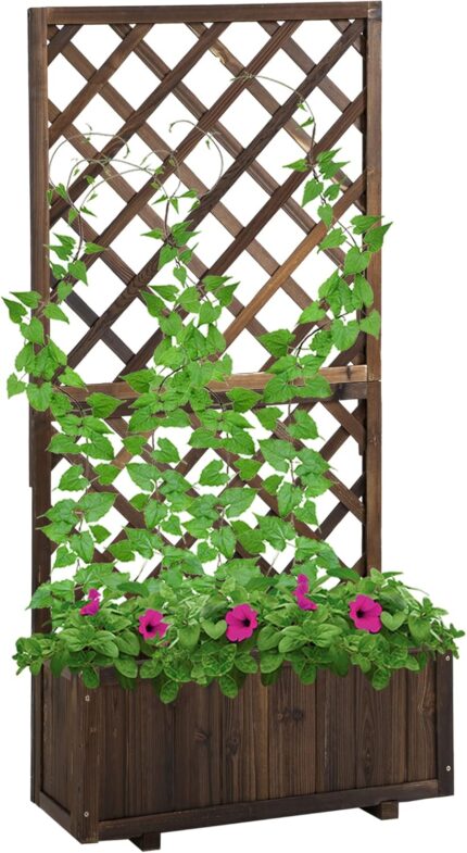 Outsunny 72.5 x 31.5 x 149.5 cm 45L Garden Wooden Pine Trough Planter with Topped Trellis Climbing Plants Flower Raised Bed,Carbonised Finish