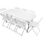 VINGLI 6 FT Plastic Folding Table Set with 8 White Folding Chairs