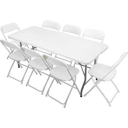 VINGLI 6 FT Plastic Folding Table Set with 8 White Folding Chairs