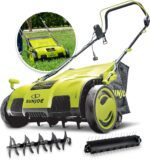 AJ805E 15-Inch 13-Amp Electric Dethatcher and Scarifier w/Removeable 13.2-Gal Collection Bag, 5-Position Height Adjustment, Airboost Technology Increases Lawn Health, Green