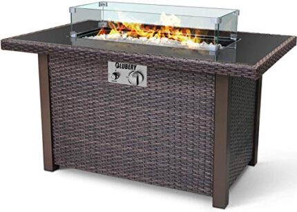 BLUBERY 44?? Propane Fire Pit Table,50,000 BTU PE Rattan Gas Fire Pit with Black Tempered Glass Tabletop,Glass Wind Guard,AutoIgnition,White Glass Stone,ETL CERT