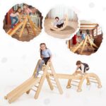 4-in-1 Montessori Indoor Playground: Wooden Foldable Triangle Ladder + Climbing Arch (Rocker Balance) + Slide Board (Ramp) + Spider Net for Kids 1-7 y.o.