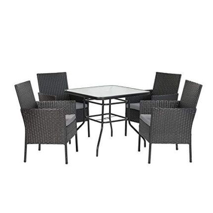 5 Piece Wicker Patio Dining Set,Outdoor Rattan Table and Chairs Sets for 4,Tempered Glass Top with Umbrella Hole Great for Deck Garden Yard Balcony,Black