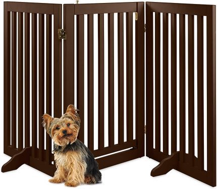 3-Panel Freestanding Wooden Pet Gate w/Walk Through Door