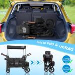 4 Seater Wagon Stroller,Foldable All-Terrain Quad Wagon Stroller with Canopy,Detachable Tray,Adjustable Handle,High Seat & Large Storage,Black