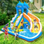 Water Slide,5 in 1 Dolphin Inflatable Bounce House for Kids- Climbing Wall Splash Pool Water Cannon Basketball Rim - 480W Blower - for Indoor Outdoor Backyard Birthday Party