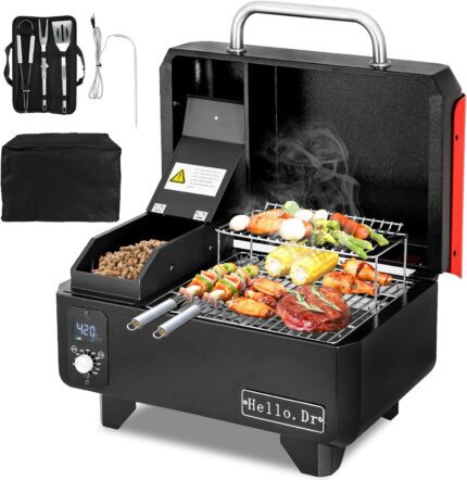 Portable Wood Pellet Grill and Smoker,Electric Outdoor 8 in 1 Tabletop Grills for RV Camping Tailgating RV Cooking BBQ,Intelligent Temperature Control and Superheated Steam Technology