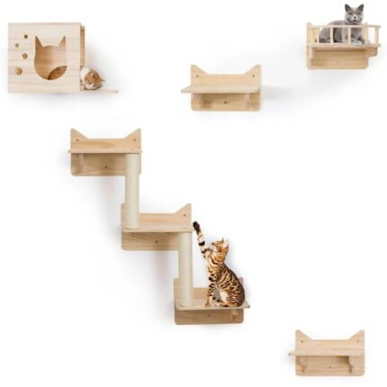 MIUZMORE Pine Cat Wall Shelves,Set of 5 Cat Wall Furniture