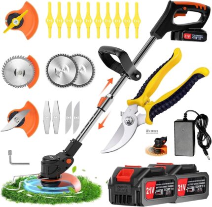 Strimmer,Cordless Strimmer,Garden strimmer,Battery Strimmers with 2PCS 21V 2.0Ah Batteries and Charger,4 Types Blades,Height Adjustable,Grass trimmer/Brush cutter Suitable for Garden