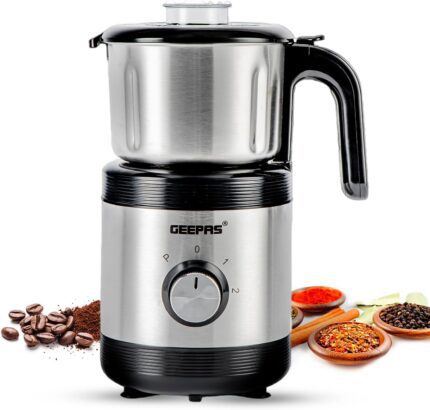 Geepas Coffee Grinder Food Processor 450W Electric Wet & Dry Grinder Coffee Mill Stainless Steel Jar & Blades for Coffee Spice Spices Chutney,2 Speed Pulse - Detachable Bowl,800ML Capacity,Silver
