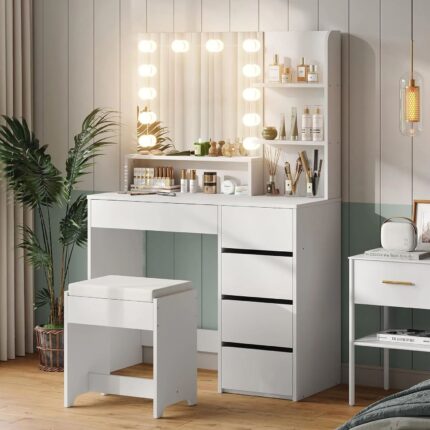 Furniouse Vanity Mirror with Lights and Table Set with 5 Drawers