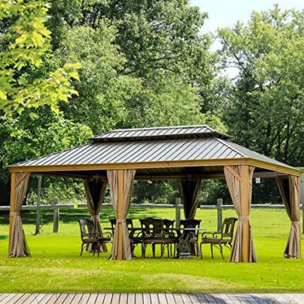 Outdoor Hardtop Gazebo 2021 New ?C Galvanized Steel Double Roof,Patio Gazebo Canopy with Privacy Curtains and Netting,WoodLooking Finish Aluminum Frame Cavus 12'X20?? by domi outdoor living