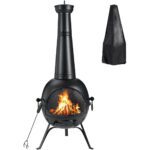 SINGLYFIRE Patio Backyard Wooden Fire Pit with Chiminea Cover Rust-Free Iron