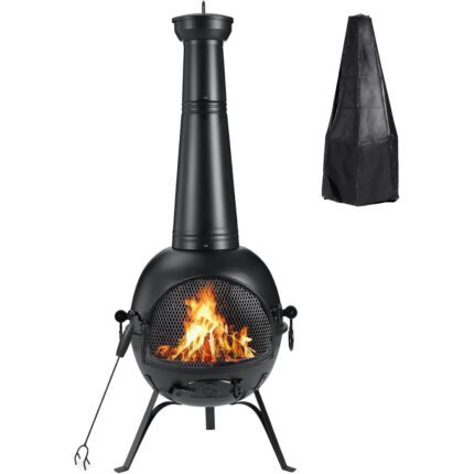 SINGLYFIRE Patio Backyard Wooden Fire Pit with Chiminea Cover Rust-Free Iron