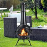 SINGLYFIRE Patio Backyard Wooden Fire Pit with Chiminea Cover Rust-Free Iron