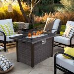BLUBERY 44?? Propane Fire Pit Table,50,000 BTU PE Rattan Gas Fire Pit with Black Tempered Glass Tabletop,Glass Wind Guard,AutoIgnition,White Glass Stone,ETL CERT