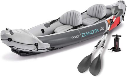 68310VM Dakota K2 2Person HeavyDuty Vinyl Inflatable Kayak with 86Inch Oars and Air Pump,Gray Red