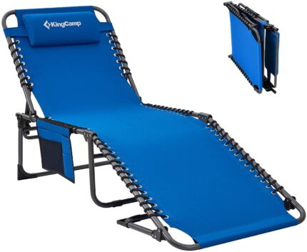 4Fold Outdoor Folding Chaise Lounge Chair for Beach,Sunbathing,Patio,Pool,Lawn,Deck,Portable Lightweight HeavyDuty Adjustable Camping Reclining Chair with Pillow,Blue