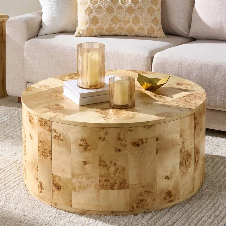 burlwood round coffee table, light burl wood veneer